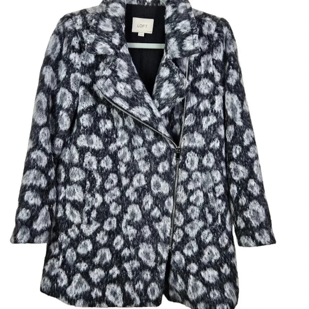 Loft Womens Gray Leopard Spotted‎ Moto Coat Asymmetric Zip Wool Blend size SP